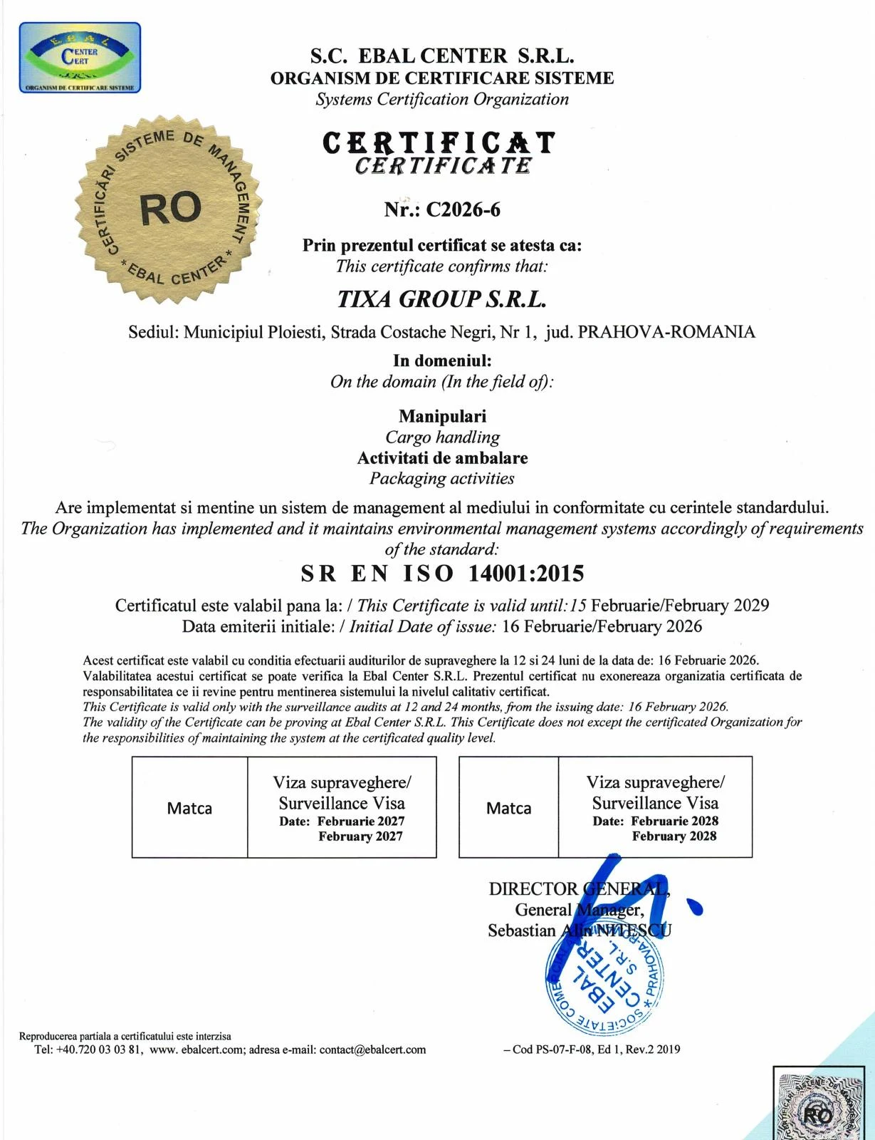 Scanare integrală SR EN ISO 14001:2015, certificat C2026-6