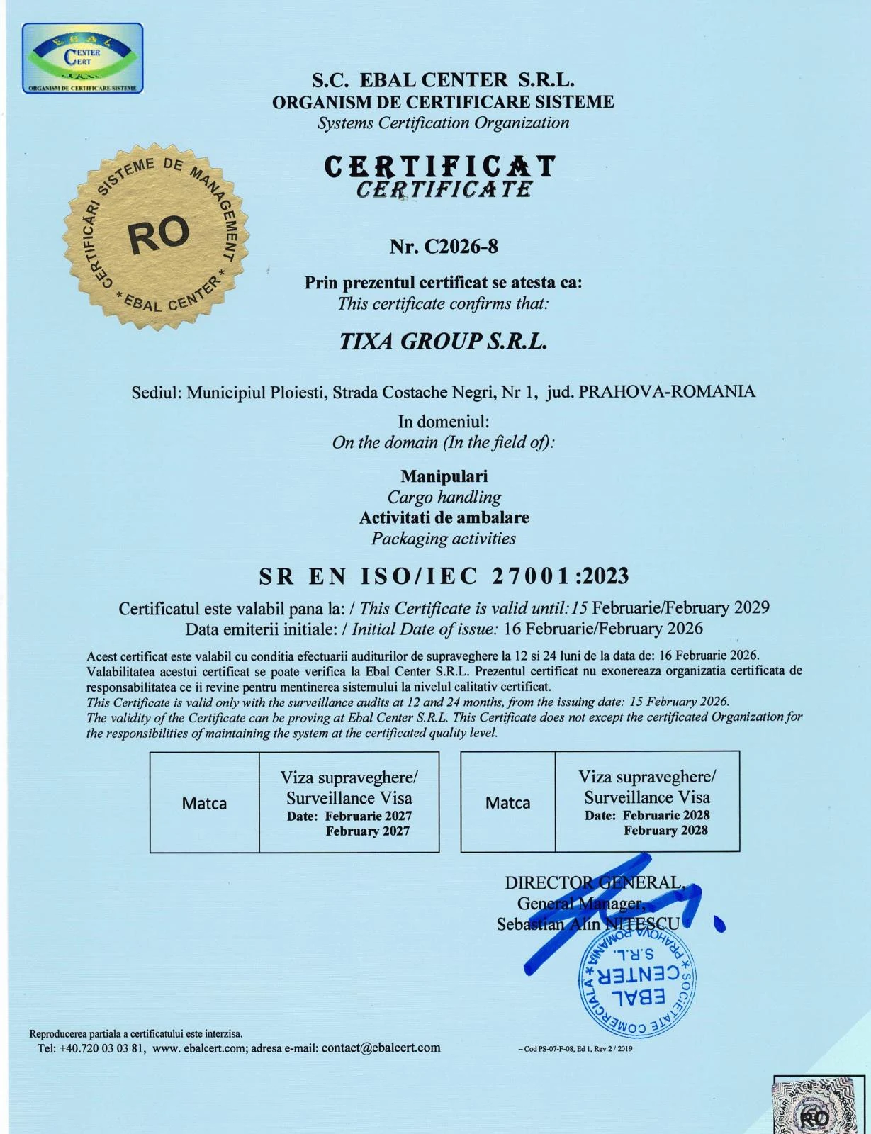 Scanare integrală SR EN ISO/IEC 27001:2023, certificat C2026-8