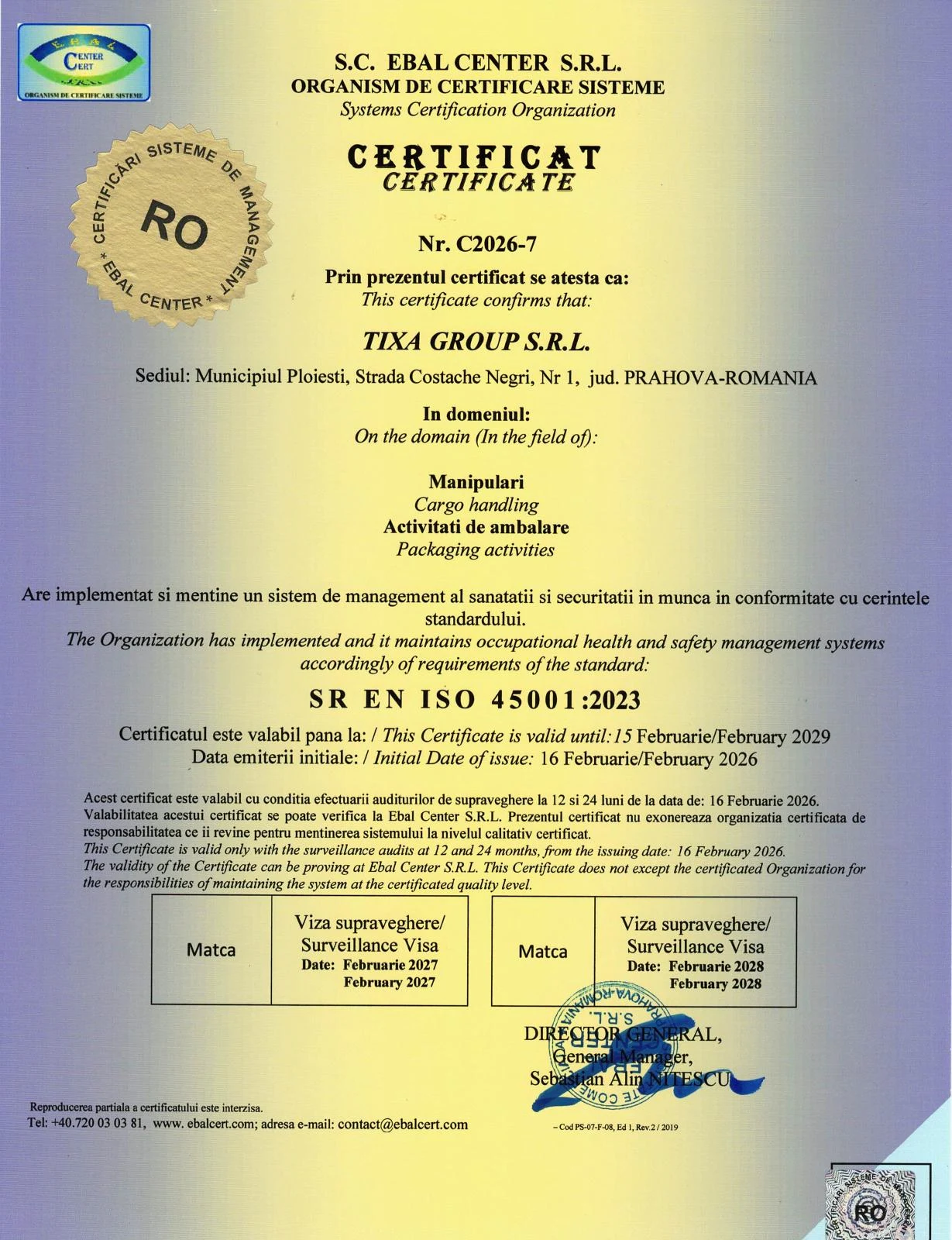 Scanare integrală SR EN ISO 45001:2023, certificat C2026-7