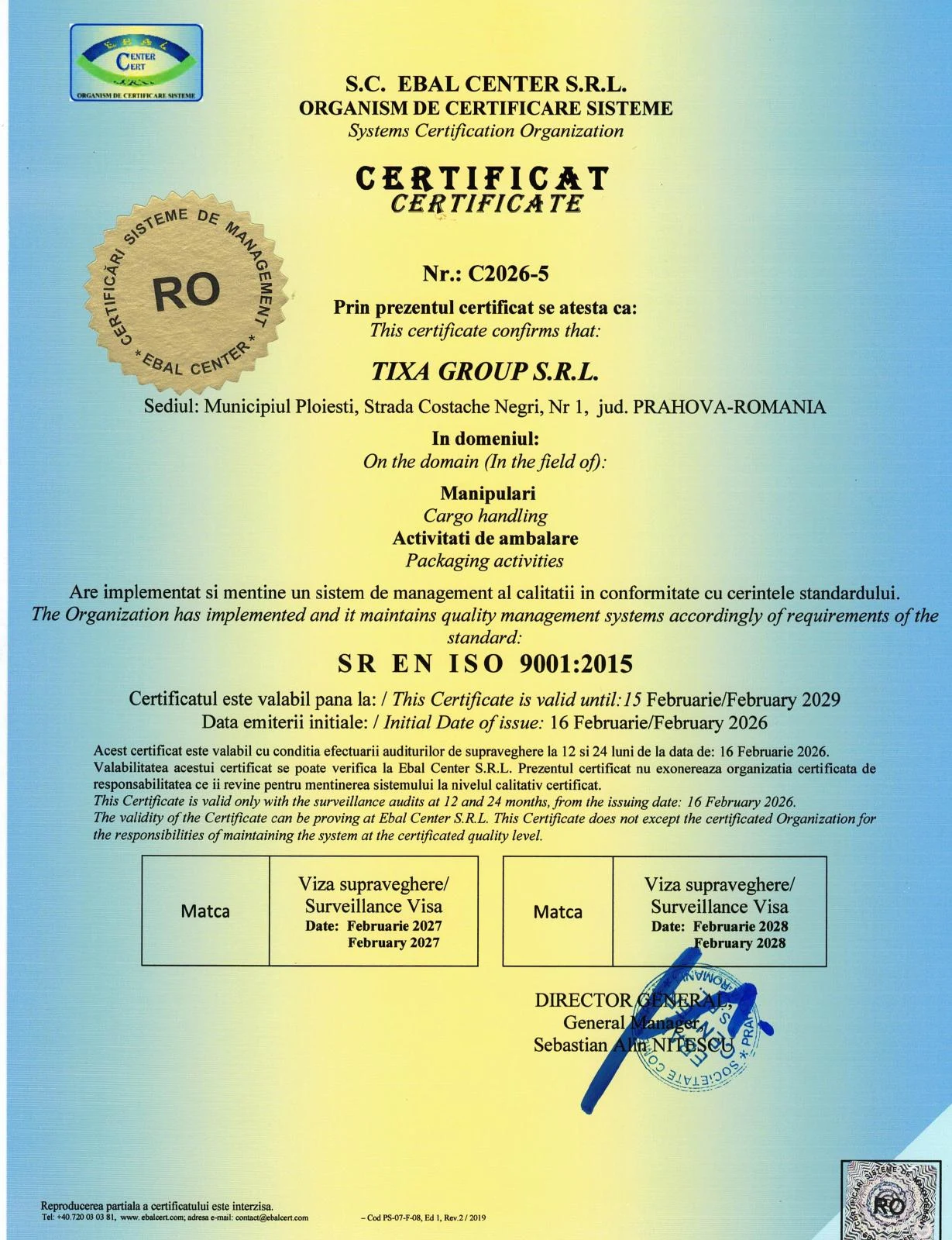 Scanare integrală SR EN ISO 9001:2015, certificat C2026-5